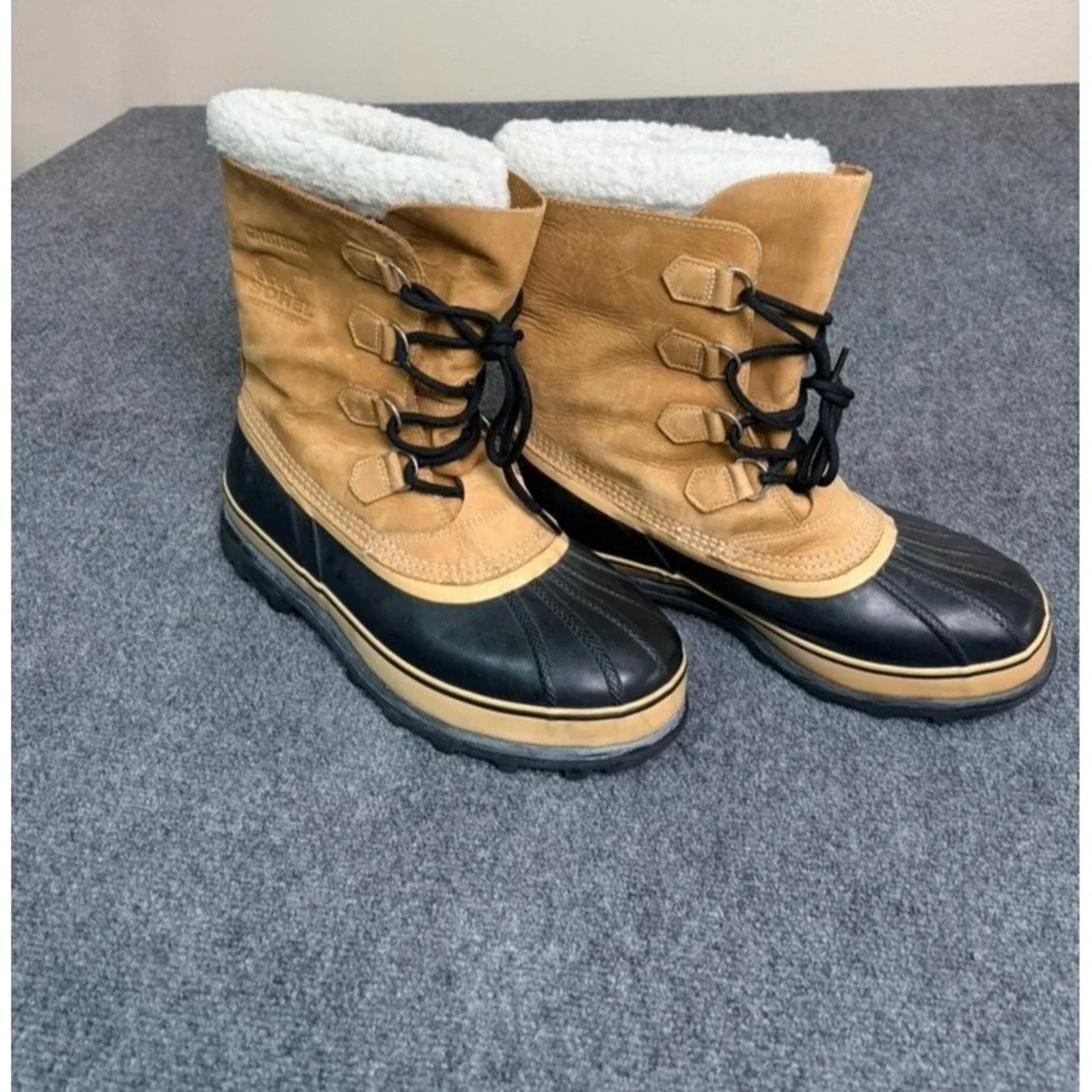 SOREL Men's Waterproof Faux Fur Lined Leather Snow Boots Tan/Black Size US 13